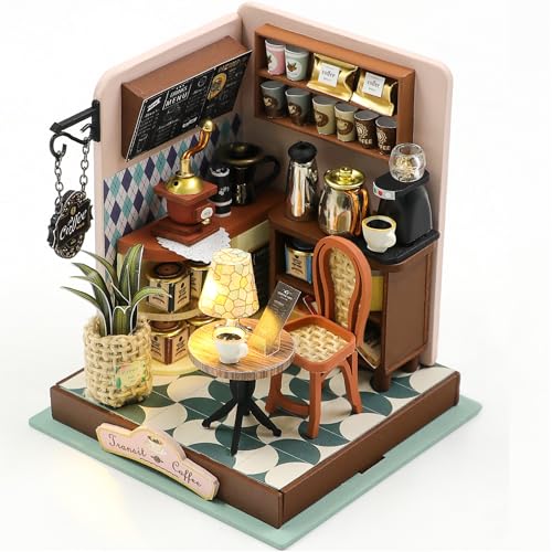 Sagiterra DIY Miniatur Puppenhaus Bausatz, Bücherregal Bausatz, 3D Holzregal Dekoration für Familie und Freunde, Bücherregal Dekoration für Halloween/Weihnachten (Cafe Hut) von Sagiterra