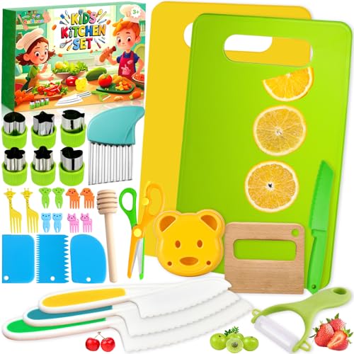 SaiXuan 31-Teiliges Kinder Schneideset mit Sparschäler & Kinderschere ab 2 Jahre, Montessori Kindermesser-Set mit Schneidebrett, Ausstechformen & Kindermessern, Kochspielzeug für Kinder 2-6 Jahre von SaiXuan