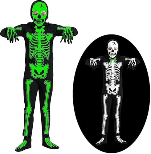 SaiXuan Halloween Kostüm Kinder Skelett Glow in the Dark, Leuchtendes Skeleton Costume mit Kapuze, Handschuhen & Socken, Gruseliges Kinder Skelett Jumpsuit für Cosplay & Halloween Party, 6–12 Jahre von SaiXuan