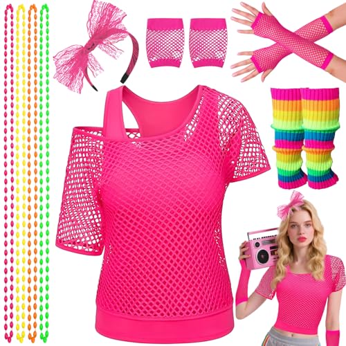 10 Stück 80er Jahre Kostüm Accessoires Set, 1980er Jahre Outfits für Damen mit Netzoberteil Tanktop Beinwärmern Netzhandschuhen Halskette Stirnband für Mädchen Karneval Cosplay Mottoparty (M) von Saier tbo