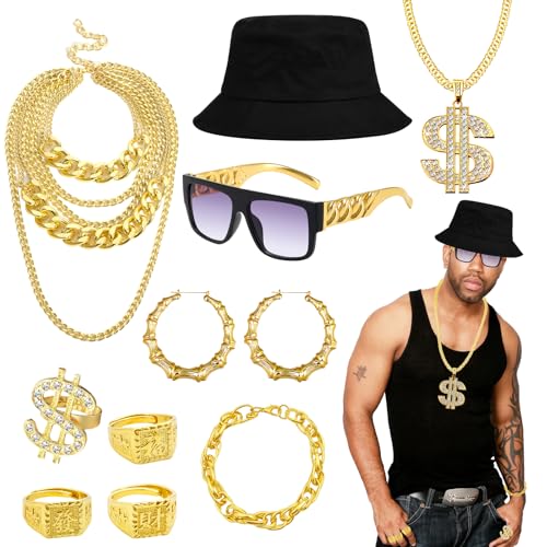 10 Stück Hip Hop Kostüm Set, 80er 90er Jahre Rapper Kostüm Zubehörset mit Dollarzeichen Halskette Ringen Ohrringen Sonnenbrille Armband Fischerhut für Frauen & Männer Hippie Disko Mottoparty von Saier tbo