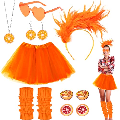 10 Stück Orange Tüllrock Karneval Kostüm Set, Aperol Kostüm für Damen mit Tutu-Rock Beinbedeckung Stirnband Sonnenbrille Halskette Ohrringe Selbstklebend Aufklebers für Fasching Festival Party von Saier tbo