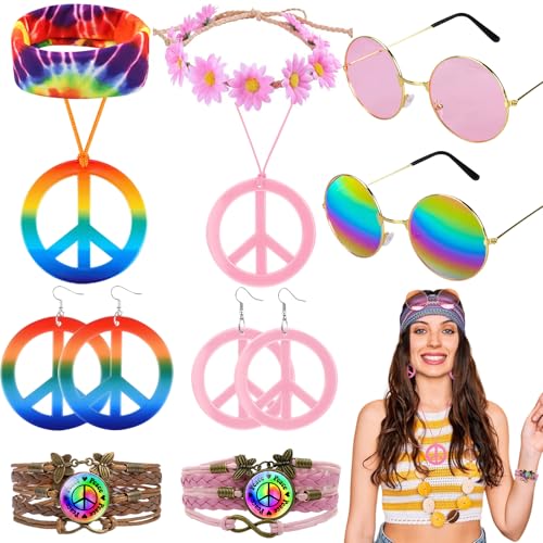 10 Stücke 60er 70er Jahre Kostüm Zubehör Set, Hippie Kostüm Accessoires Kit mit Stirnband Sonnenbrille Friedenszeichen Halskette Ohrringe Armband für Herren Damen Halloween Karneval Party von Saier tbo