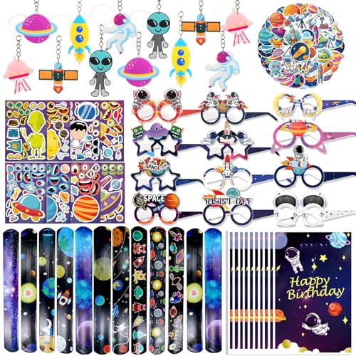 104 Stück Weltraum Kindergeburtstag Mitgebsel Set, Space Party Gastgeschenke Kit mit Schnapparmbänder Partygläser Schlüsselanhänger Geschenktüten Weltraumaufkleber für Jungen Mädchen Geburtstagsdeko von Saier tbo