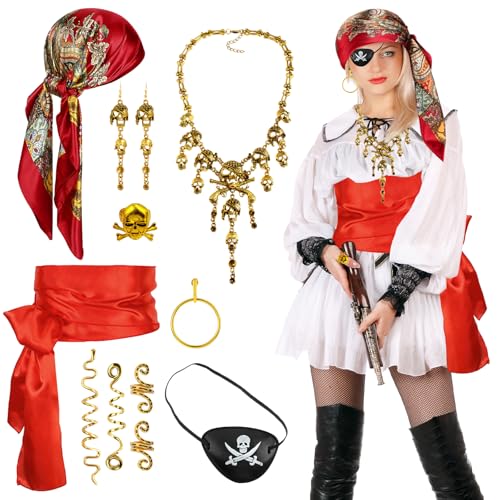 11 Stück Piratenkostüm Set für Damen, Mittelalterliches Kapitäns Kostüm Zubehör mit Kopftuch Gürtel Ohrringe Augenmaske Ring Totenkopfkette Ohrringe Spiralhaarnadel für Frauen Karneval Cosplay 11 Stück Piratenkostüm Set für Damen, Mittelalterliches Kapitäns Kostüm Zubehör mit Kopftuch Gürtel Ohrringe Augenmaske Ring Totenkopfkette Ohrringe Spiralhaarnadel für Frauen Karneval Cosplay von Saier tbo