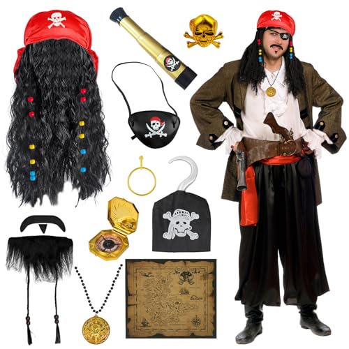 11Stück Piratenkostüm Zubehör Set, Pirate Kapitän Kostüm Accessoires mit Perücken Bandana Bärte Landkarten Teleskope Kompasse Augenmasken Halsketten Ohrringe Ringe Piratenhaken für Karneval Party 11Stück Piratenkostüm Zubehör Set, Pirate Kapitän Kostüm Accessoires mit Perücken Bandana Bärte Landkarten Teleskope Kompasse Augenmasken Halsketten Ohrringe Ringe Piratenhaken für Karneval Party von Saier tbo