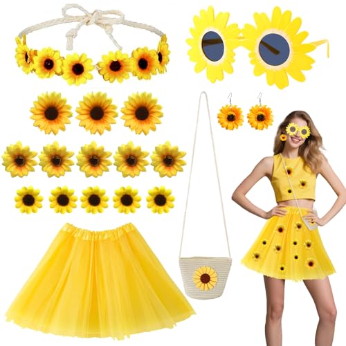 18 Stück Sonnenblumen Kostüm für Damen, Karneval Blumen Kostüm mit Gelb Tutu Rock Sonnenblume Umhängetasche Stirnband Brille Ohrringe Accessoires für Fasching Cosplay Mottoparty 18 Stück Sonnenblumen Kostüm für Damen, Karneval Blumen Kostüm mit Gelb Tutu Rock Sonnenblume Umhängetasche Stirnband Brille Ohrringe Accessoires für Fasching Cosplay Mottoparty von Saier tbo