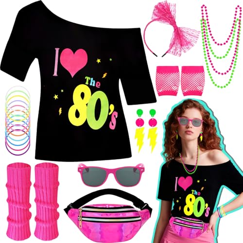 19 Stück 80er 90er Jahre Outfit für Damen, 80er Kostüme Accessoires Set mit T-Shirt Gürteltasche Stirnband Brille Handschuhe Beinwärmer Ohrringe Halskette Armband für Frauen Karneval Neon Mottoparty 19 Stück 80er 90er Jahre Outfit für Damen, 80er Kostüme Accessoires Set mit T-Shirt Gürteltasche Stirnband Brille Handschuhe Beinwärmer Ohrringe Halskette Armband für Frauen Karneval Neon Mottoparty von Saier tbo