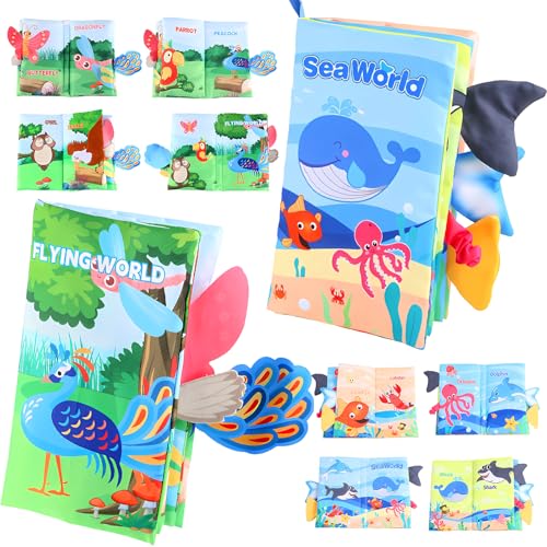 2 Stück Baby Stoffbuch, Soft Waschbar 3D Bilderbuch Stoffbücher Spielzeug Baby ab 3 6 12 18 Monate Fühlbuch Knisterbuch mit Schwanz Bücher Quiet Book für Jungen Mädchen (Ozean + Flug) von Saier tbo