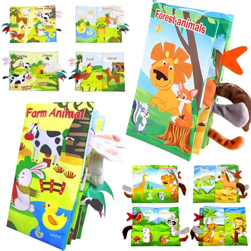 2 Stück Baby Stoffbuch, Soft Waschbar 3D Bilderbuch Stoffbücher Spielzeug Baby ab 3 6 12 18 Monate Fühlbuch Knisterbuch mit Schwanz Bücher Quiet Book für Jungen Mädchen (Wald+Bauernhof) von Saier tbo