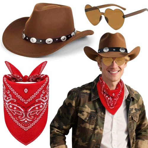 3 Stück Cowboyhut Accessories Set, Western Cowboy Outfits Zubehör Kit mit Braun Cowboyhut Herzförmiger Sonnenbrille Paisley Bandanas für Damen Herren Halloween Maskeraden Partys 3 Stück Cowboyhut Accessories Set, Western Cowboy Outfits Zubehör Kit mit Braun Cowboyhut Herzförmiger Sonnenbrille Paisley Bandanas für Damen Herren Halloween Maskeraden Partys von Saier tbo