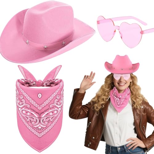 3 Stück Cowboyhut Zubehör Set, Western Cowboy Kostüm Kit mit Braun Cowboyhut Herzförmiger Sonnenbrille Paisley Bandanas für Erwachsene Kinder Maskeraden Halloween Party von Saier tbo