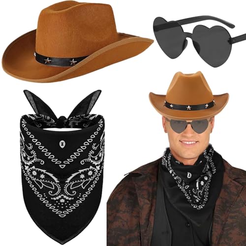 3 Stück Cowboyhut Zubehör Set, Western Cowboy Kostüm Kit mit Braun Cowboyhut Herzförmiger Sonnenbrille Paisley Bandanas für Erwachsene Kinder Maskeraden Halloween Party von Saier tbo