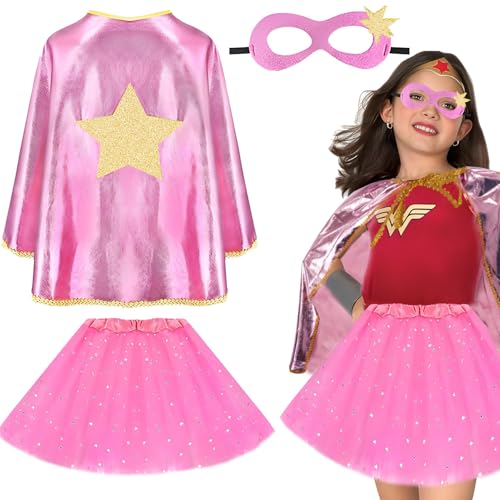 3-teiliges Helden-Kostüm-Set für Kinder, rosa Superhelden-Umhang mit Maske, Tutu-Rock für Mädchen, Prinzessinnen-Kostüme, Halloween, Weihnachten, Cosplay von Saier tbo