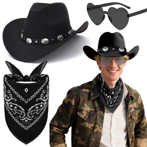 Saier tbo 3Stück CowboyHut Accessories Set, Western Cowboy Outfits Zubehör Kit mit Schwarzer Hut Brille Kopftuch für Damen Herren Halloween Fasching Karneval Kostüm Party von Saier tbo
