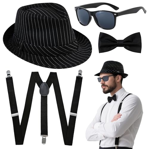 4 Stück 20er Jahre Accessoires Set für Herren, 1920er Gangster Kostüm Zubehör Kit mit Schwarz Gestreifter Hut Brille Hosenträger Fliege für Erwachsene Halloween Karneval Mottoparty von Saier tbo