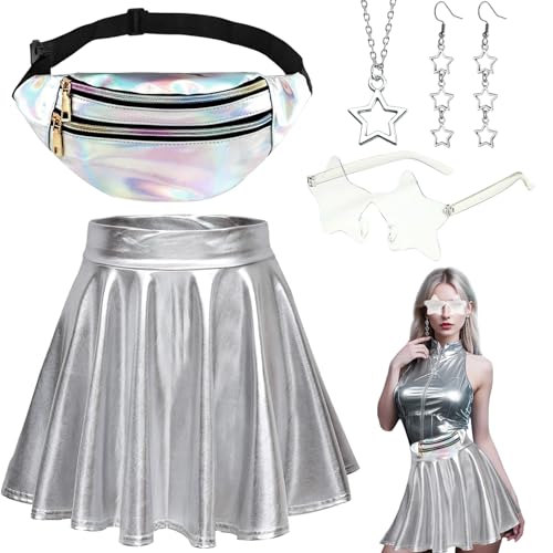 5 Stück Alien Kostüm Set für Damen, Silber Space Outfits Zubehör mit Metallic Rock Bauchtasche Sternbrille Halskette Ohrringe Weltall Kostüm für Karneval Fasching Maskerade Disco Mottoparty (XL) von Saier tbo