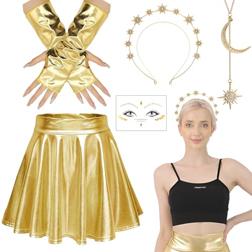 5 Stück Griechische Göttin Kostüm Zubehör, Sonnengöttin Kostüm Set mit Goldrock fingerlose Handschuhe Sonnenstirnband Sternmond-Halskette Gesichtsaufkleber für Damen Karneval Sonne Mottoparty 5 Stück Griechische Göttin Kostüm Zubehör, Sonnengöttin Kostüm Set mit Goldrock fingerlose Handschuhe Sonnenstirnband Sternmond-Halskette Gesichtsaufkleber für Damen Karneval Sonne Mottoparty von Saier tbo