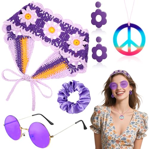 5 Stück Hippie Accessoires Set, Vintage Flower Power Kostüm Zubehör mit Knit Headband Hippie Brille Peace Kette Ohrringe Dickdarm Haarband für Damen Fasching Karneval 60er 70er 80er Jahre Mottoparty von Saier tbo