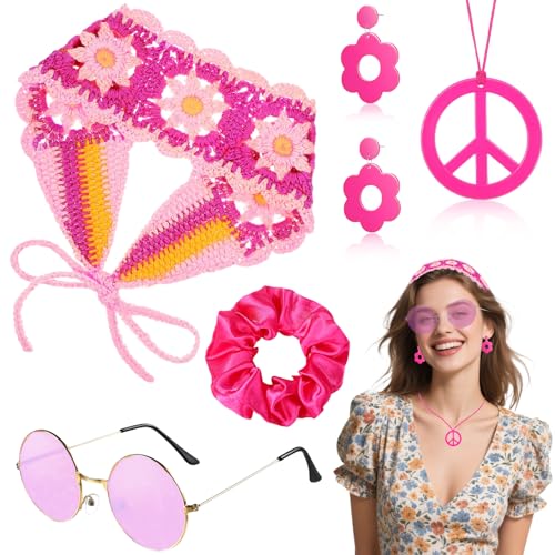 5 Stück Hippie Accessoires Set, Vintage Flower Power Kostüm Zubehör mit Knit Headband Hippie Brille Peace Kette Ohrringe Dickdarm Haarband für Damen Fasching Karneval 60er 70er 80er Jahre Mottoparty von Saier tbo