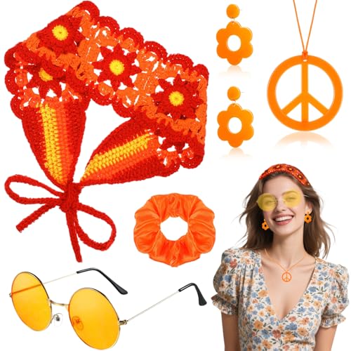 5 Stück Hippie Accessoires Set, Vintage Flower Power Kostüm Zubehör mit Knit Headband Hippie Brille Peace Kette Ohrringe Dickdarm Haarband für Damen Fasching Karneval 60er 70er 80er Jahre Mottoparty von Saier tbo