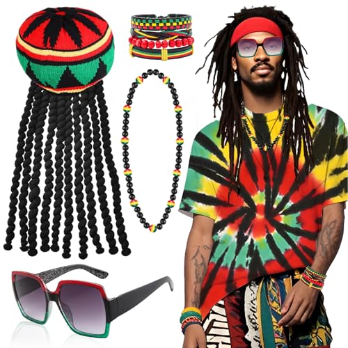 5 Stück Rasta Kostüm Zubehör Set, Jamaika Reggae Outfit Kit mit Dreadlocks Perückenkappe BatikfärbungT-Shirt Rasta Sonnenbrille Halskette Geflochtene Armband für Männer Frauen Karneval Cosplay Party 5 Stück Rasta Kostüm Zubehör Set, Jamaika Reggae Outfit Kit mit Dreadlocks Perückenkappe BatikfärbungT-Shirt Rasta Sonnenbrille Halskette Geflochtene Armband für Männer Frauen Karneval Cosplay Party von Saier tbo