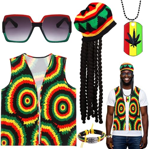 5 Stück Rasta Kostüm Zubehör Set, Karibik Reggae Accessoire Kit mit Weste Jamaika-Hut Brille Armband Halskette Dreadlocks für Damen Herren Halloween Karneval Cosplay Party Maskerade 5 Stück Rasta Kostüm Zubehör Set, Karibik Reggae Accessoire Kit mit Weste Jamaika-Hut Brille Armband Halskette Dreadlocks für Damen Herren Halloween Karneval Cosplay Party Maskerade von Saier tbo