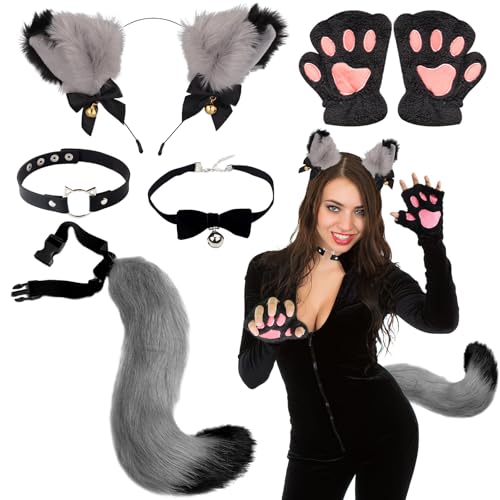5 Stück Schwarze Katze Kostüm Set, Plüsch Kunstfell Fox Wolf Tail Kit mit Stirnband Katzenohren Halsband Plüsch Handschuhe Schwanz für Damen Karneval Cosplay Fancy Dress Party 5 Stück Schwarze Katze Kostüm Set, Plüsch Kunstfell Fox Wolf Tail Kit mit Stirnband Katzenohren Halsband Plüsch Handschuhe Schwanz für Damen Karneval Cosplay Fancy Dress Party von Saier tbo