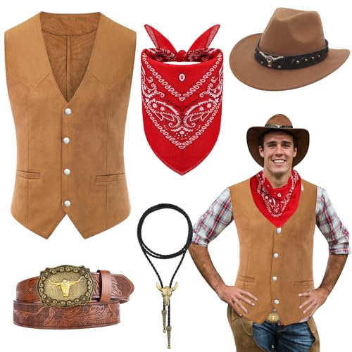 5 Stück Western Cowboy Kostüm Set, Cowboy Fancy Dress mit Weste Hut mit breiter Krempe Gürtel Bandana Stierkopf Halskette für erwachsene Männer Karneval Cosplay (Stil 1, L) von Saier tbo