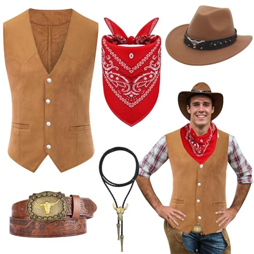 5 Stück Western Cowboy Kostüm Set, Cowboy Fancy Dress mit Weste Hut mit breiter Krempe Gürtel Bandana Stierkopf Halskette für erwachsene Männer Karneval Cosplay (Stil 1, XXL) von Saier tbo
