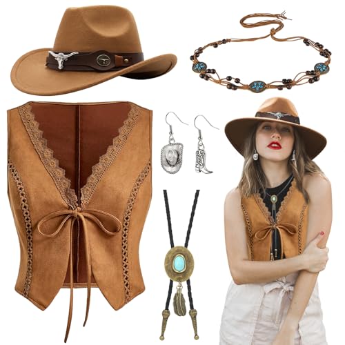 5 Stück Western Cowboy Kostüm Set für Damen, Cowgirl Kostüm Accessoires Kit mit Cowboyhut Weste Halskette Ohrringe Taillenkette für Karneval Fasching Halloween Cosplay (XL) von Saier tbo