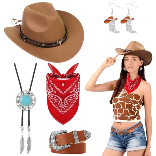 5 Stück Western Cowgirlhut Set für Damen, Cowgirl Kostüm Accessoire Set mit Hut Halskette Ohrringen Gürtel Bandana für Halloween Maskenbälle Cosplay Partys (Braun) von Saier tbo