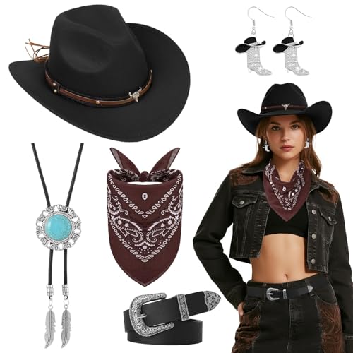 5 Stück Western Cowgirlhut Set für Damen, Cowgirl Kostüm Accessoire Set mit Hut Halskette Ohrringen Gürtel Bandana für Halloween Maskenbälle Cosplay Partys (Schwarz) von Saier tbo