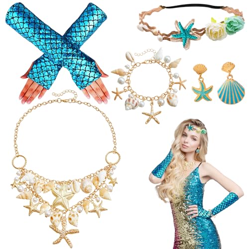 5 Stücke Damen Meerjungfrau Kostüm Set, Mädchen Unterwasserwelt Kostüm mit Fischschuppen Handschuhe Haarreif Muschelkette Armband Seestern Ohrringe für Fasching Karneval Mottoparty 5 Stücke Damen Meerjungfrau Kostüm Set, Mädchen Unterwasserwelt Kostüm mit Fischschuppen Handschuhe Haarreif Muschelkette Armband Seestern Ohrringe für Fasching Karneval Mottoparty von Saier tbo