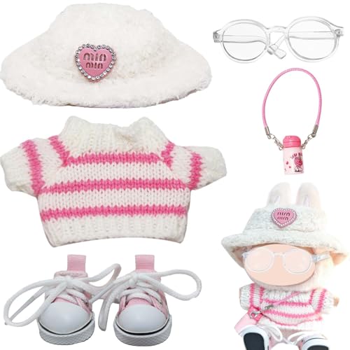 5 Stück Puppenkleidung für Labubu, 17cm Plüsch Puppen Zubehör mit Hut Brille Kleidung Schuhen Wasserflasche für Jungen Mädchen Geschenke (Ohne Puppe) von Saier tbo