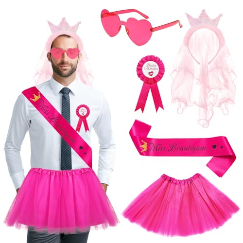 Saier tbo 5 Stück Junggesellenabschied Kostüm für Männer, JGA Kostüm Zubehör Set mit Tütü Krone Abzeichen Schärpe Herzförmige Brille für Herren Junggesellenabschied Party Hochzeit Deko von Saier tbo