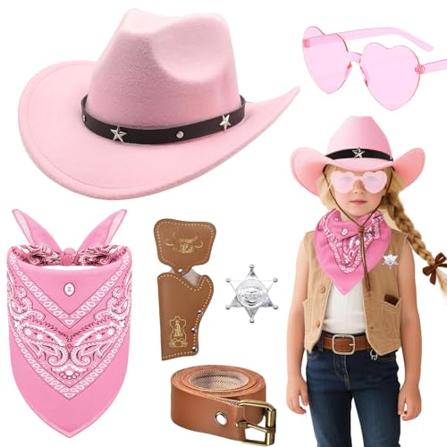 6 Stück Cowboy Kostüm Zubehör für Kinder, Western Cowboy Accessories Set mit Hut Bandana Sonnenbrille Abzeichen Holster Gürtel für Mädchen Jungen Halloween Karneval Party(Rosa) von Saier tbo