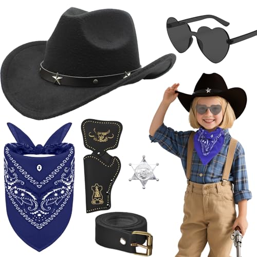 6 Stück Cowboy Kostüm Zubehör für Kinder, Western Cowboy Accessories Set mit Hut Bandana Sonnenbrille Abzeichen Holster Gürtel für Mädchen Jungen Halloween Karneval Party(Schwarz) von Saier tbo