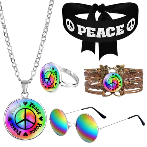 6 Stück Hippie Kostüm Set für Herren, Retro Hippie Kleidung Accessoires mit Stirnband Sonnenbrille Geflochten Armband Peace Zeichen Halskette Ring für Karneval Fasching 70er 80er Thema Party 6 Stück Hippie Kostüm Set für Herren, Retro Hippie Kleidung Accessoires mit Stirnband Sonnenbrille Geflochten Armband Peace Zeichen Halskette Ring für Karneval Fasching 70er 80er Thema Party von Saier tbo