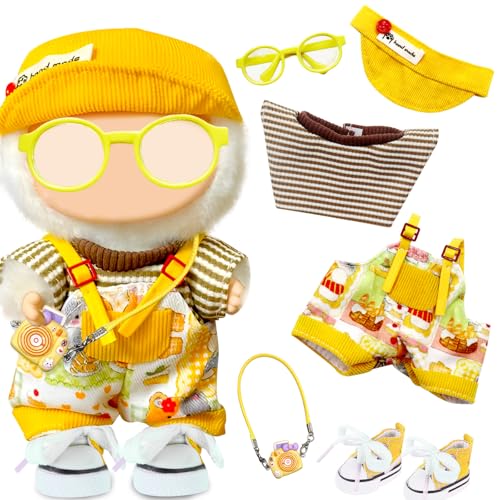 6 Stück Kleidung und Zubehör für 17 cm große Puppen, inklusive Hut, Overall, Oberbrille, Kamera-Rucksack, Schuhe für Mädchen, Kindergeburtstage (keine Puppe) von Saier tbo