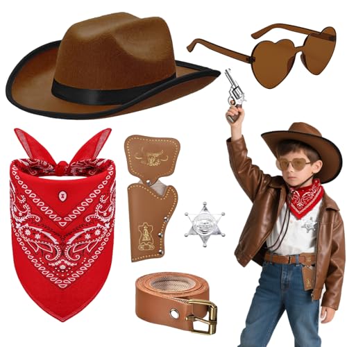 6 Stück Western Cowboy Kostüm für Kinder, West Cowboy Zubehör Set mit Hut Bandana Sonnenbrille Abzeichen Holster Gürtel für Jungen Mädchen Halloween Karneval Cosplay Party (Hellbraun) von Saier tbo