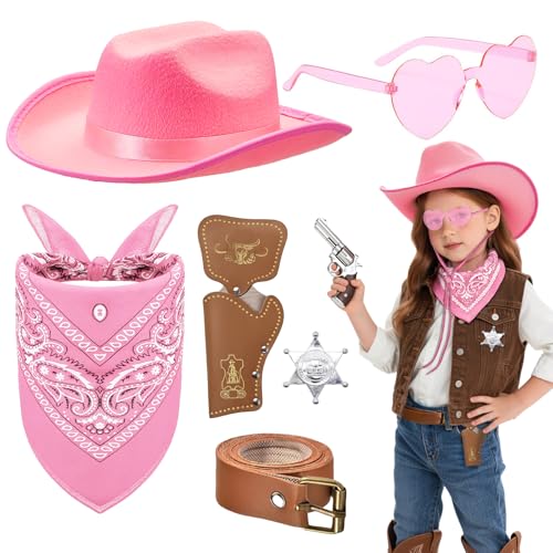 6 Stück Western Cowboy Kostüm für Kinder, West Cowboy Zubehör Set mit Hut Bandana Sonnenbrille Abzeichen Holster Gürtel für Jungen Mädchen Halloween Karneval Cosplay Party (Rosa) von Saier tbo