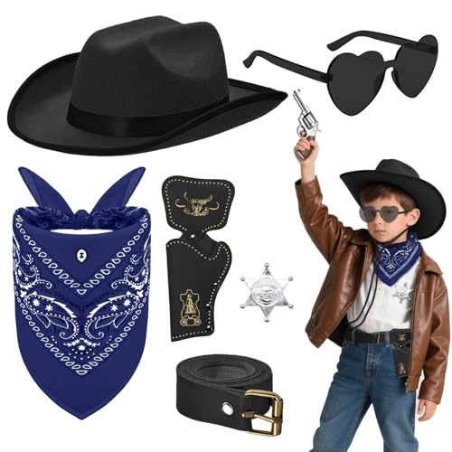 6 Stück Western Cowboy Kostüm für Kinder, West Cowboy Zubehör Set mit Hut Bandana Sonnenbrille Abzeichen Holster Gürtel für Jungen Mädchen Halloween Karneval Cosplay Party (Schwarz) von Saier tbo