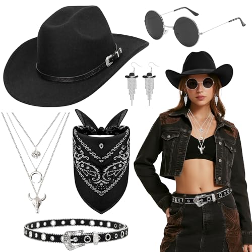 6 Stück Western Cowboy Outfit für Damen, Schwarz Cowgirl Zubehör Set mit Cowboyhut Paillettengürtel Sonnenbrille Halskette Quastenohrringe Bandana für Frauen Mottopartys Cosplay 6 Stück Western Cowboy Outfit für Damen, Schwarz Cowgirl Zubehör Set mit Cowboyhut Paillettengürtel Sonnenbrille Halskette Quastenohrringe Bandana für Frauen Mottopartys Cosplay von Saier tbo