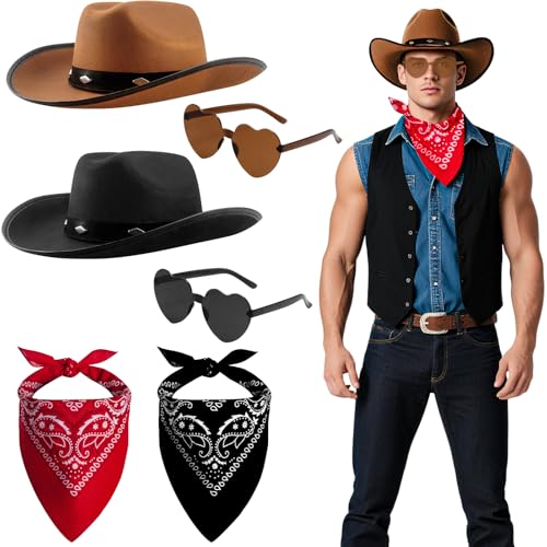 6 Stück Western Cowboyhüte Accessoire Set,Cowboy Kostüm Zubehör Kit mit Hut Brille Quadratischer Schal für Damen Herren Halloween Karneval Partys von Saier tbo