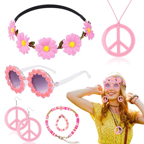 6 Stücke Hippie Kostüm Zubehör Set, 60er 70er Jahre Hippie Kostüm Kit mit Gänseblümchen Stirnband Sonnenbrille Friedenszeichen Halskette Ohrringe Armband Ring für Herren Damen Halloween Karneval Party von Saier tbo