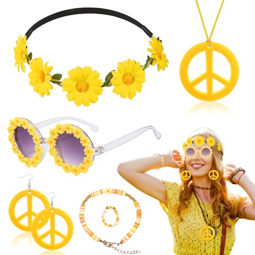 6 Stücke Hippie Kostüm Zubehör Set, 60er 70er Jahre Hippie Kostüm Kit mit Gänseblümchen Stirnband Sonnenbrille Friedenszeichen Halskette Ohrringe Armband Ring für Herren Damen Halloween Karneval Party von Saier tbo