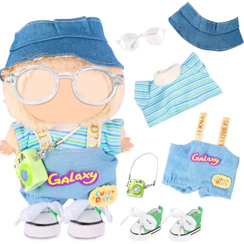 6 Stück Bekleidung für 17cm Plüsch, Niedliches Mini Kleidung Zubehör Set für Puppe mit Hut Oberteil Overall Brille Kamera Schuhe für Jungen Mädchen Geschenke (Ohne Puppe) (Grün) von Saier tbo