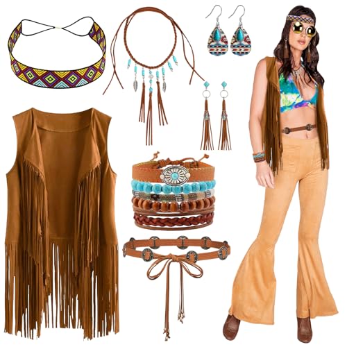 7 Stück 60er 70er Jahre Hippie Kostüm für Damen, Vintage Western Hippie Kleidung Set mit Fransenweste Halskette Ohrringen Boho-Stirnband Taillenkette Armband für Disco Karneval Cosplay Party (M) von Saier tbo