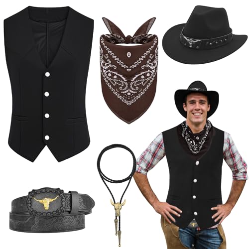 5 Stück Western Cowboy Kostüm Set, Cowboy Fancy Dress mit Weste Hut mit breiter Krempe Gürtel Bandana Stierkopf Halskette für erwachsene Männer Karneval Cosplay von Saier tbo
